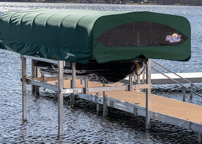 Vertical boat lift installation in Lake Country, WI